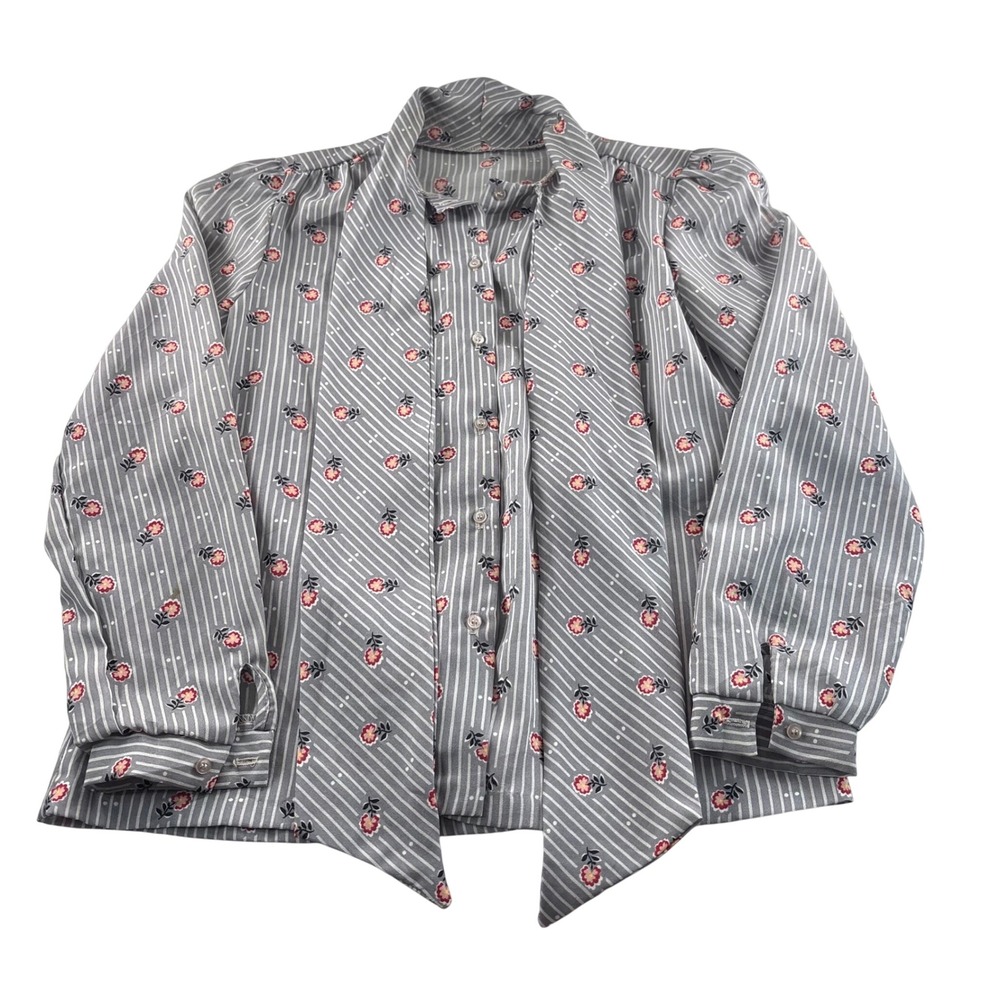 Vintage Grey Striped Floral Tie Neck‎ Blouse Long Sleeve Button Up Top